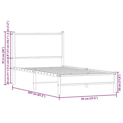 vidaXL Kovový posteľný rám s čelom hnedý dub 90x200 cm