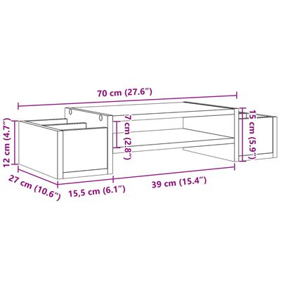 vidaXL Stojan na monitor s policou dymový dub 70x27x15 cm kompoz.drevo