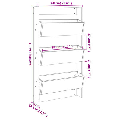 vidaXL Nástenný kvetináč 3-pos. 60x18,5x110 cm čierny masívna borovica