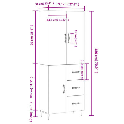 vidaXL Vysoká skrinka hnedý dub 69,5x34x180 cm spracované drevo