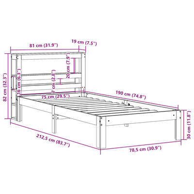 vidaXL Posteľný rám s čelom biely 75x190 cm borovicový masív