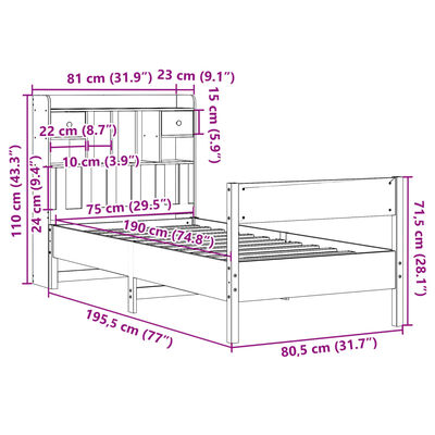 vidaXL Posteľ s knižnicou bez matraca vosková 75x190 cm borovica