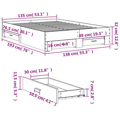 vidaXL Posteľný rám so zásuvkami čierny 135x190 cm kompozitné drevo