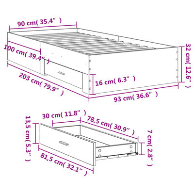 vidaXL Posteľný rám so zásuvkami dub sonoma 90x200 cm kompozitné drevo