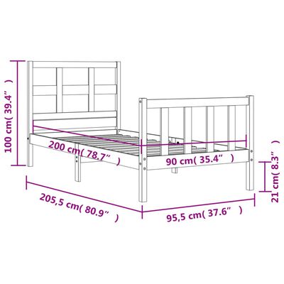 vidaXL Posteľný rám s čelom 90x200 cm masívne drevo