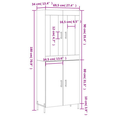 vidaXL Vysoká skrinka biela 69,5x34x180 cm spracované drevo