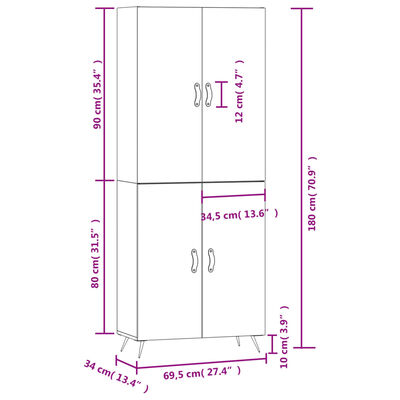 vidaXL Vysoká skrinka betónová sivá 69,5x34x180 cm spracované drevo