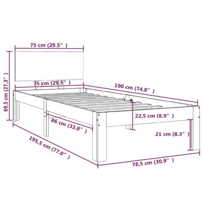 vidaXL Posteľný rám čierny masívne drevo 75x190cm 2FT6 malé jednolôžko