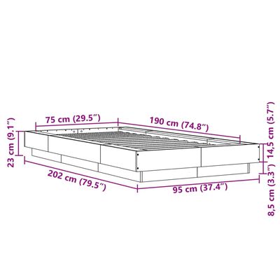 vidaXL Posteľný rám s LED svetlami sonoma 75x190 cm kompozitné drevo