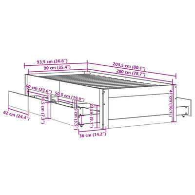 vidaXL Posteľ bez matraca so zásuvkami biela 90x200 cm borovica