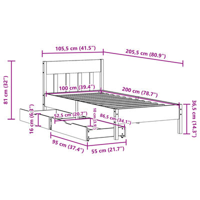 vidaXL Posteľ bez matraca biela 100x200 cm borovicový masív