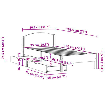 vidaXL Posteľ bez matraca 75x190 cm masívna borovica