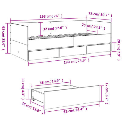 vidaXL Váľanda so zásuvkami bez matraca hnedý dub 75x190 cm