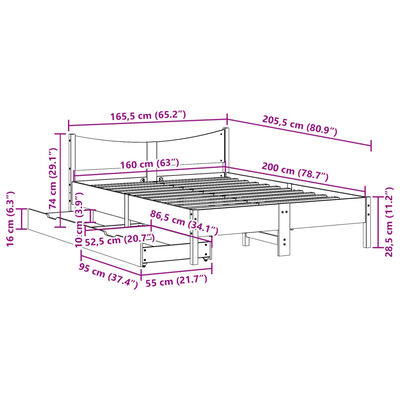 vidaXL Posteľný rám so zásuvkami biely 160x200 cm borovicový masív