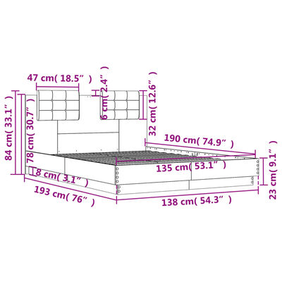 vidaXL Posteľný rám s čelom a LED svetlami hnedý dub 135x190 cm