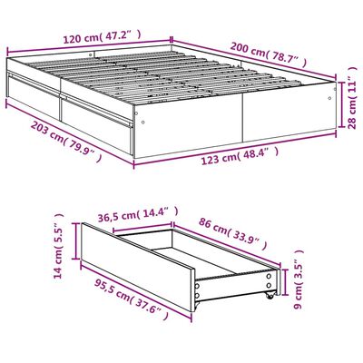 vidaXL Posteľný rám so zásuvkami sivý sonoma 120x200cm kompozit. drevo