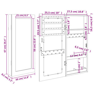 vidaXL Zrkadlová skrinka na šperky nástenná biela 30x8,5x67 cm