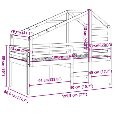 vidaXL Vysoká posteľ so strechou biela 75x190 cm borovicový masív