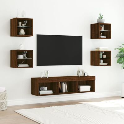 vidaXL 7-dielne TV nástenné skrinky s LED hnedý dub kompozitné drevo