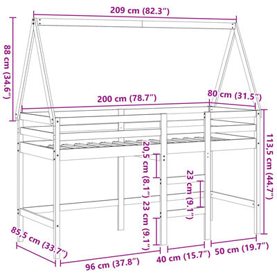 vidaXL Vyvýšená posteľ rebrík strecha biela 80x200 cm masívna borovica