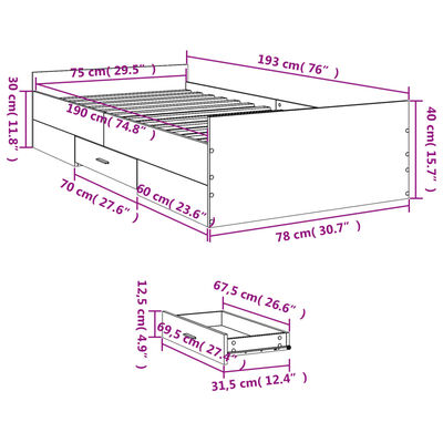 vidaXL Posteľný rám so zásuvkami dub sonoma 75x190 cm kompozitné drevo