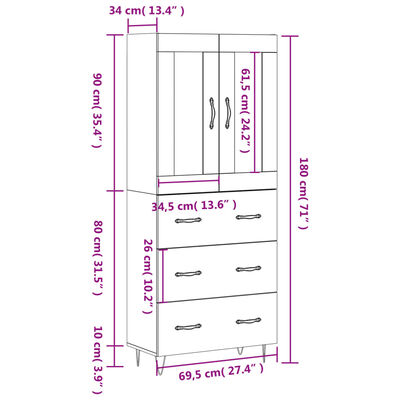 vidaXL Vysoká skrinka lesklá biela 69,5x34x180 cm spracované drevo