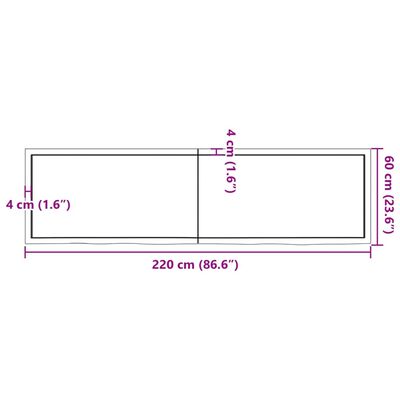 vidaXL Nástenná polica tmavohnedá 220x60x(2-6)cm ošetrený dubový masív