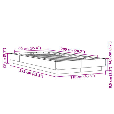 vidaXL Posteľný rám s LED svetlami sivý sonoma 90x200 cm kompoz. drevo