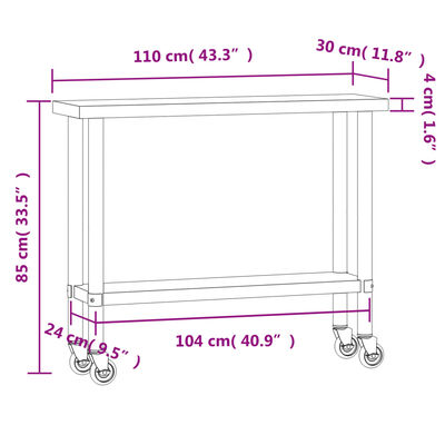 vidaXL Kuchynský pracovný stôl s kolieskami 110x30x85 cm oceľ