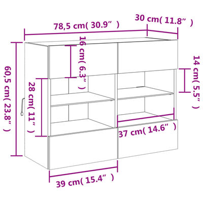 vidaXL TV nástenná skrinka s LED svetlami dymový dub 78,5x30x60,5 cm