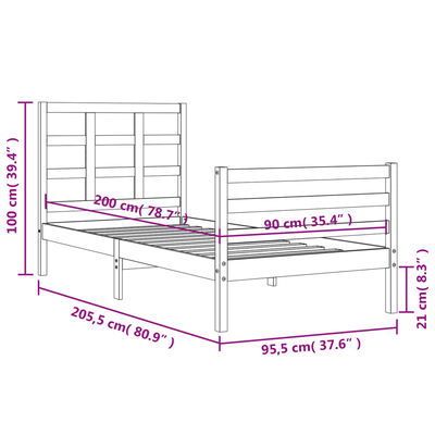 vidaXL Posteľný rám s čelom biely 90x200 cm masívne drevo