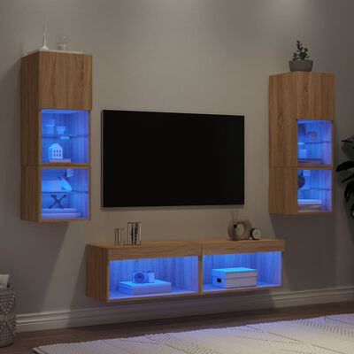 vidaXL 6-dielne TV nástenné skrinky s LED dub sonoma kompozitné drevo