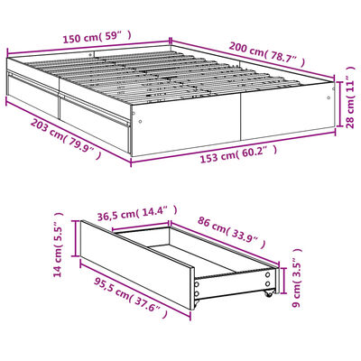 vidaXL Posteľný rám so zásuvkami dymový dub 150x200cm kompozitné drevo