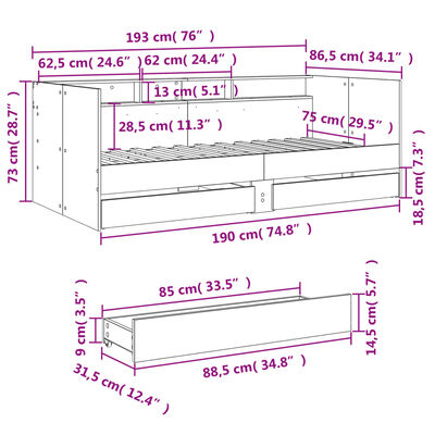 vidaXL Váľanda so zásuvkami bez matraca dub sonoma 75x190 cm