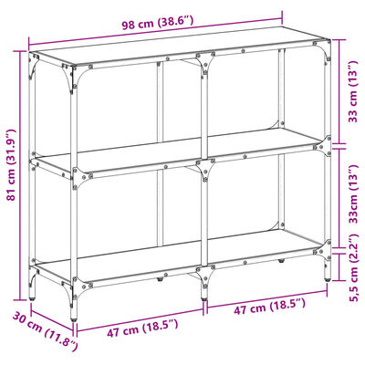 vidaXL Konzolový stolík s čiernou sklenenou doskou 98x30x81 cm oceľ