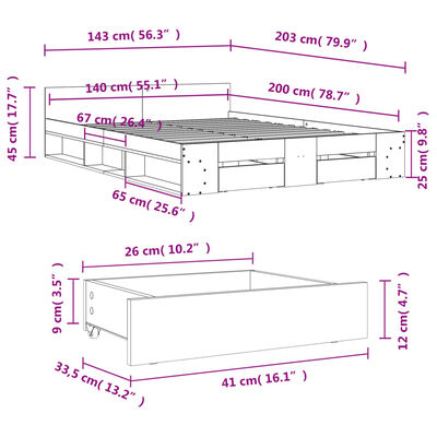 vidaXL Posteľný rám so zásuvkami dymový dub 140x200cm kompozitné drevo