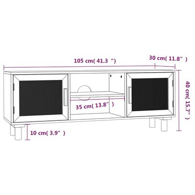 vidaXL TV skrinka biela 105x30x40 cm masívna borovica a prírodný ratan