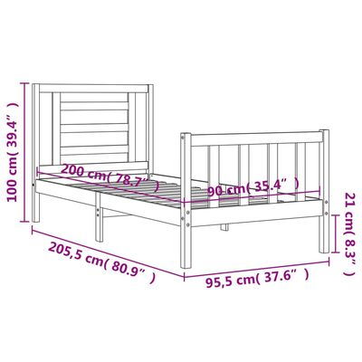 vidaXL Posteľný rám s čelom biely 90x200 cm masívne drevo