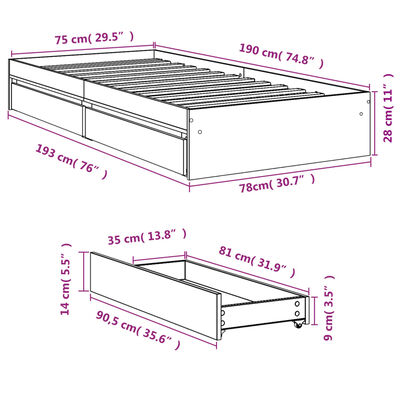 vidaXL Posteľný rám so zásuvkami dub sonoma 75x190 cm kompozitné drevo