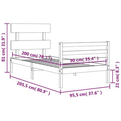 vidaXL Posteľný rám s čelom biely 90x200 cm masívne drevo