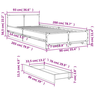 vidaXL Posteľný rám so zásuvkami dub sonoma 90x200 cm kompozitné drevo