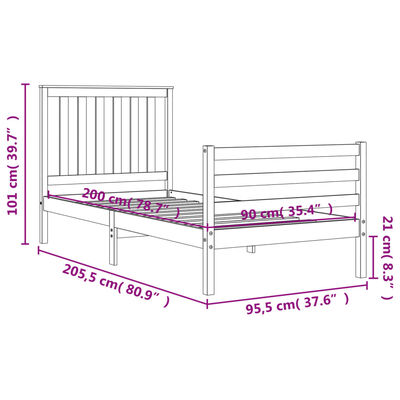 vidaXL Posteľný rám s čelom biely 90x200 cm masívne drevo