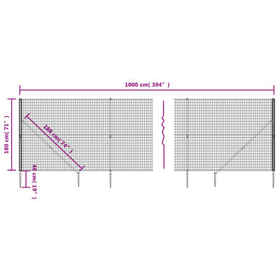 vidaXL Drôtený plot s kotviacimi hrotmi antracitový 1,8x10 m