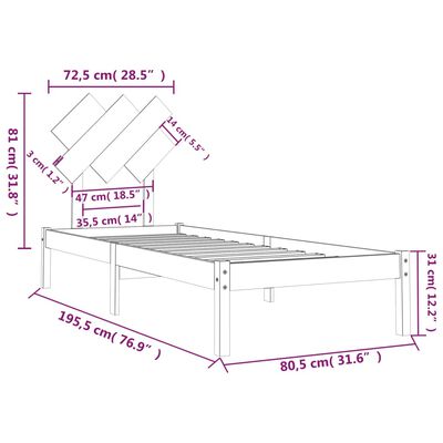 vidaXL Posteľný rám čierny 75x190cm 2FT6 malé jednolôžko masívne drevo