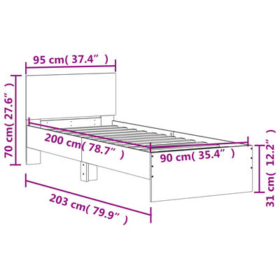 vidaXL Posteľný rám s čelom a LED svetlami sivý dub sonoma 90x200 cm