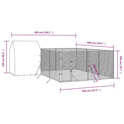 vidaXL Vonkajší koterec pre psov so strechou strieborný 6x6x2,5 m oceľ