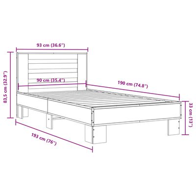 vidaXL Posteľný rám dymový dub 90x190 cm kompozitné drevo a kov