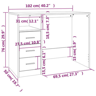 vidaXL Stolík so zásuvkami dymový dub 102x50x76 cm spracované drevo