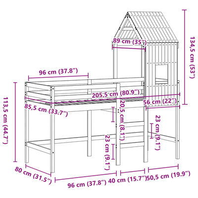 vidaXL Vyvýšená posteľ rebrík strecha 80x200 cm masívna borovica