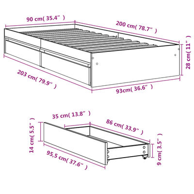 vidaXL Posteľný rám so zásuvkami dub sonoma 90x200 cm kompozitné drevo